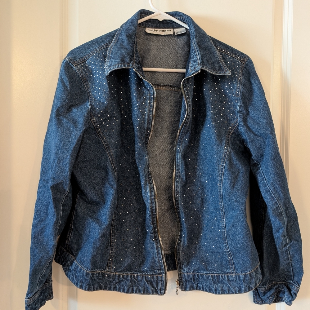 Cute Denim Jacket - Gemstone Pattern, Zipper (M/L)